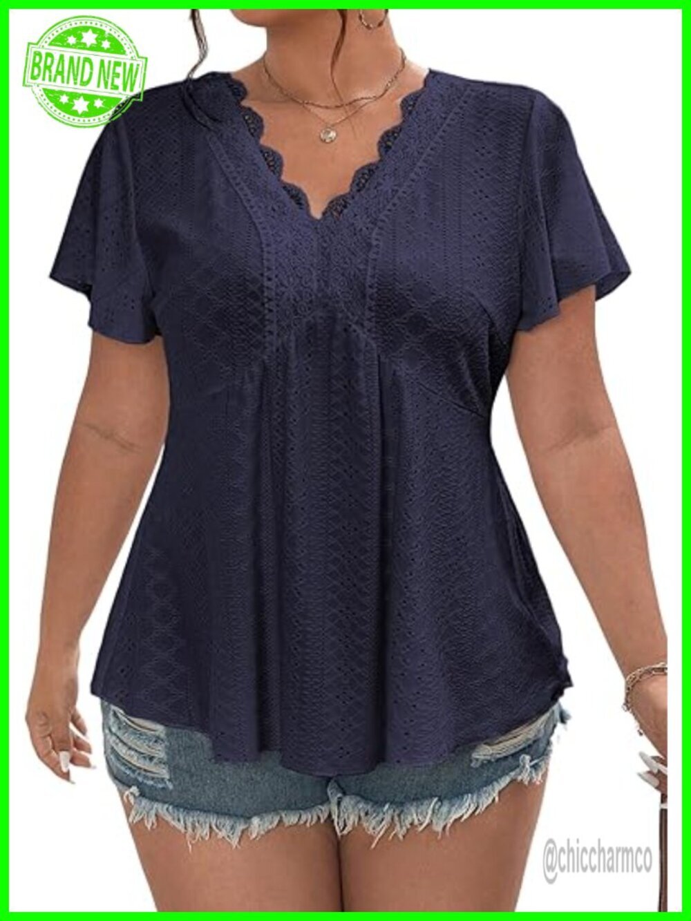 Plus Size Lace Crochet V Neck Short Sleeve Eyelet Blouse Loose Casual Peplum Top